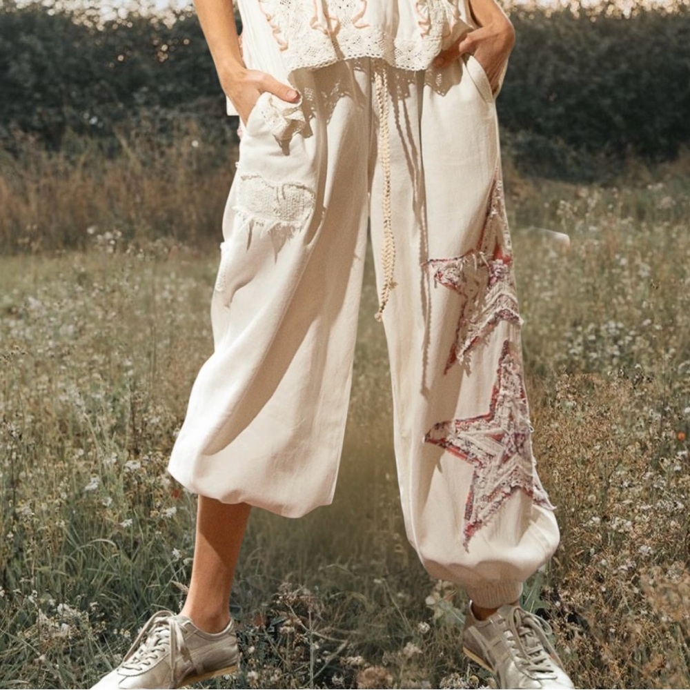 POL Star Patchwork Ivory Joggers | Embroidered Elastic Waist Pants - Picture 11 of 11